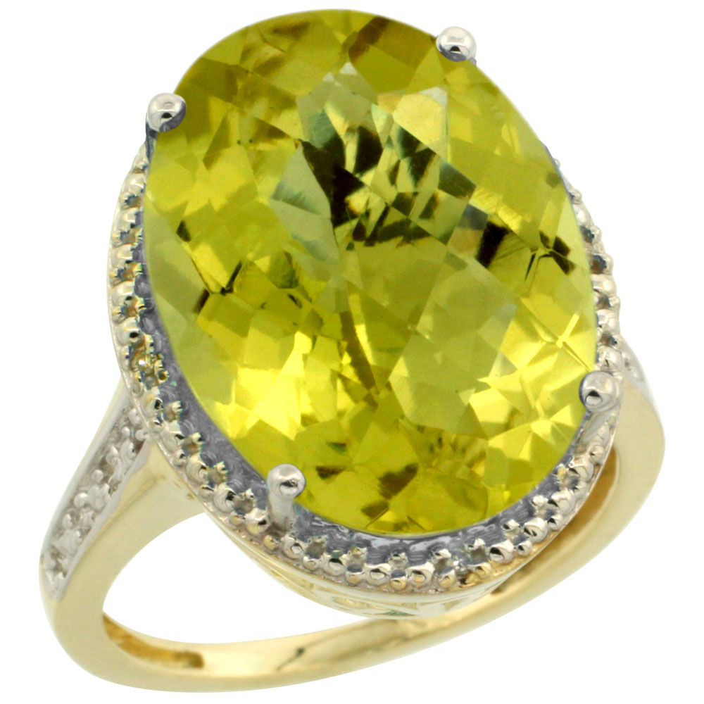 14K Yellow Gold Diamond Natural Lemon Quartz Ring Oval 18x13mm, sizes 5-10