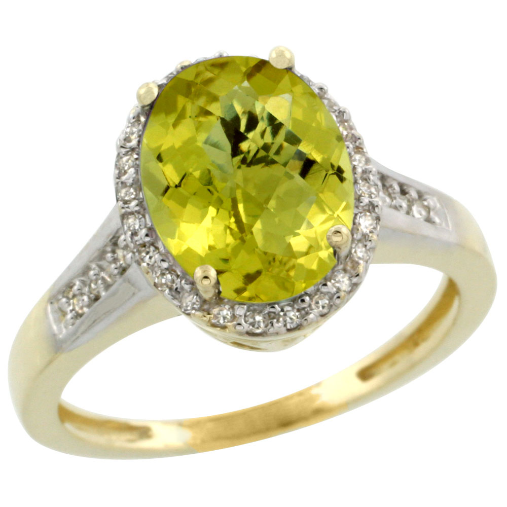 10K Yellow Gold Diamond Natural Lemon Quartz Engagement Ring Oval 10x8mm, sizes 5-10