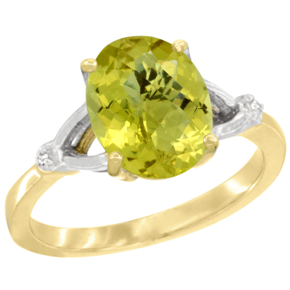 10K Yellow Gold Diamond Natural Lemon Quartz Engagement Ring Oval 10x8mm, sizes 5-10