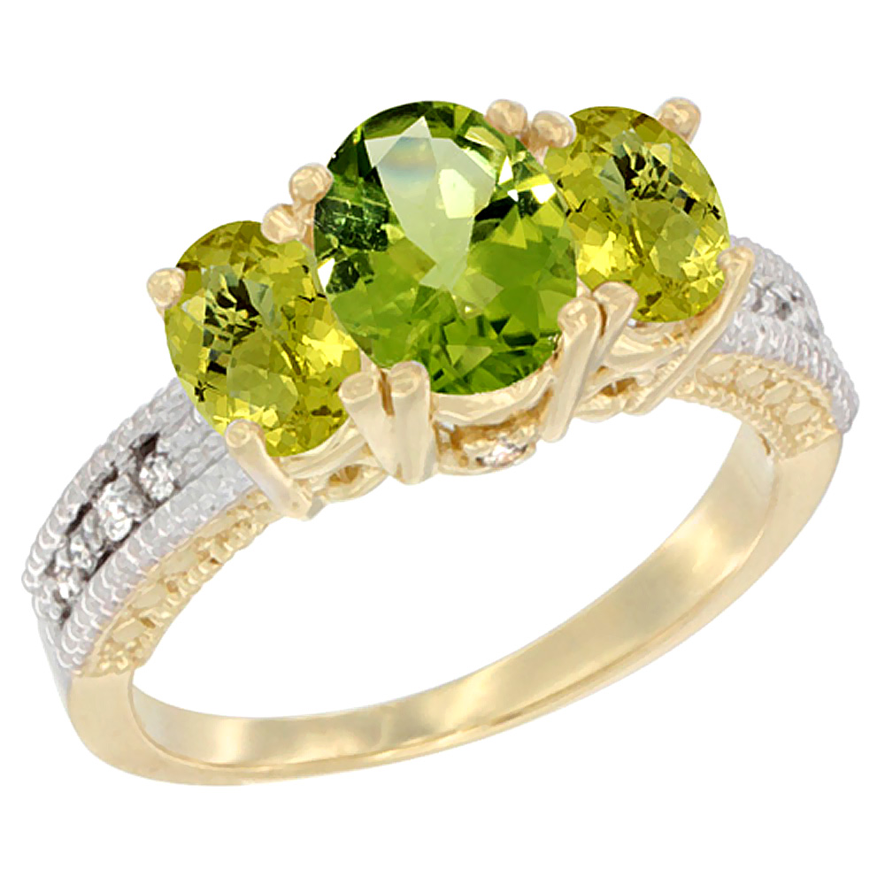 14K Yellow Gold Diamond Natural Peridot Ring Oval 3-stone with Lemon Quartz, sizes 5 - 10