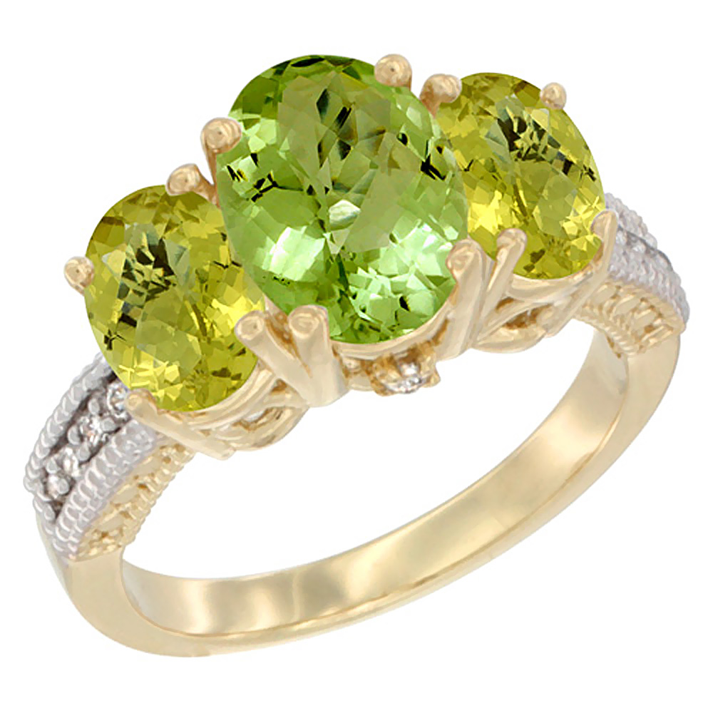 14K Yellow Gold Diamond Natural Peridot Ring 3-Stone Oval 8x6mm with Lemon Quartz, sizes5-10