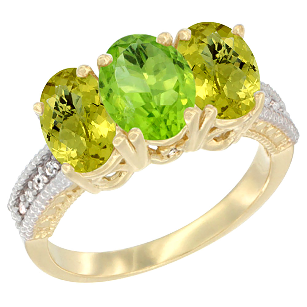 10K Yellow Gold Diamond Natural Peridot &amp; Lemon Quartz Ring 3-Stone 7x5 mm Oval, sizes 5 - 10