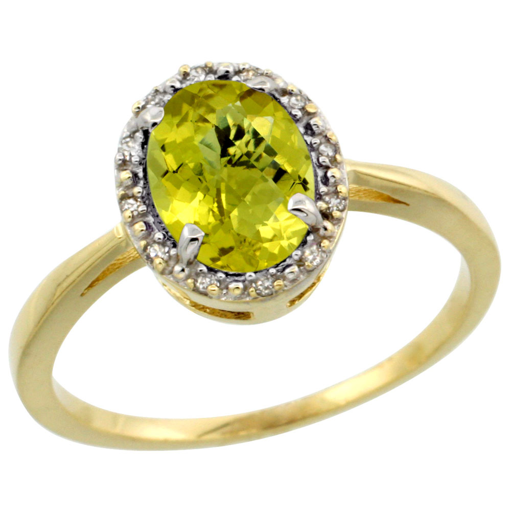 10k Yellow Gold Natural Lemon Quartz Ring Oval 8x6 mm Diamond Halo, sizes 5-10