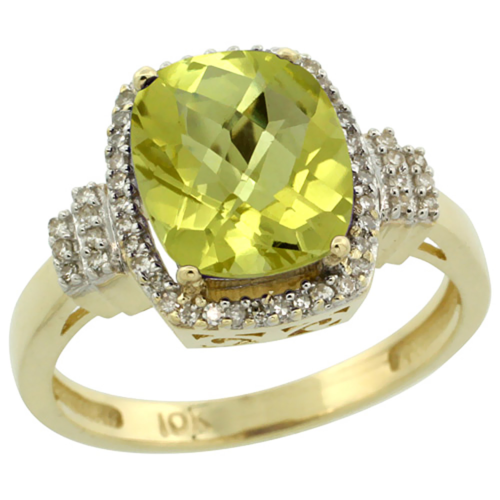 10k Yellow Gold Natural Lemon Quartz Ring Cushion-cut 9x7mm Diamond Halo, sizes 5-10