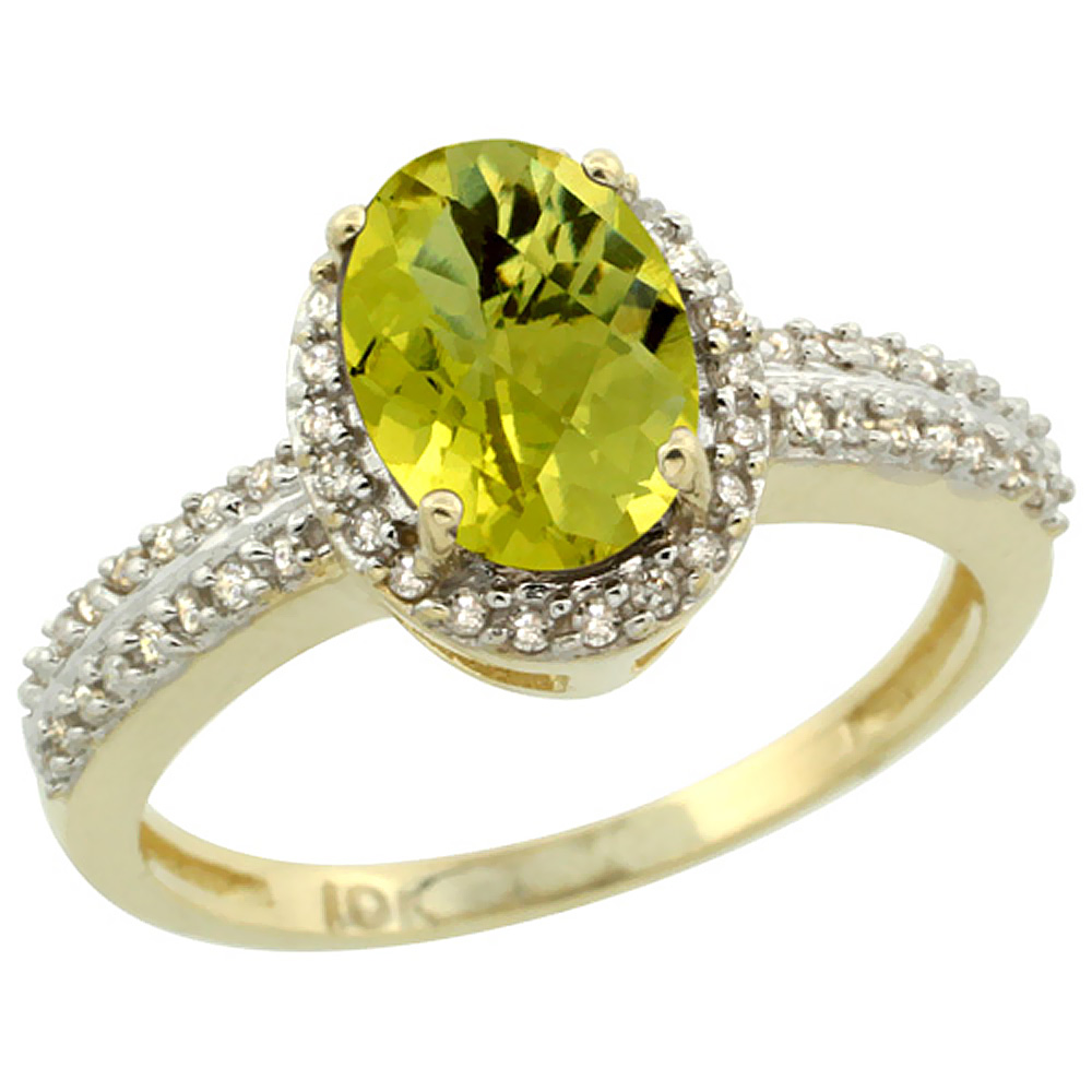 14K Yellow Gold Natural Lemon Quartz Ring Oval 8x6mm Diamond Halo, sizes 5-10