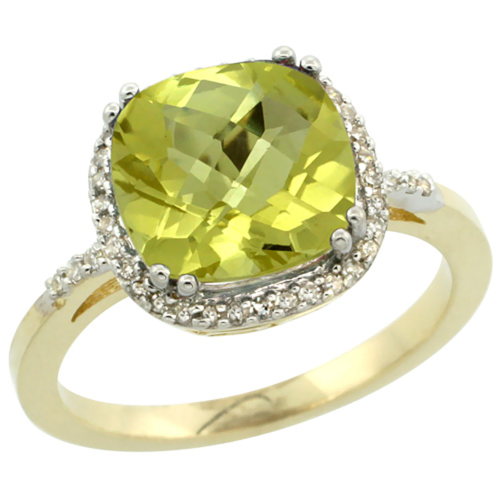 10K Yellow Gold Diamond Natural Lemon Quartz Ring Cushion-cut 9x9mm, sizes 5-10