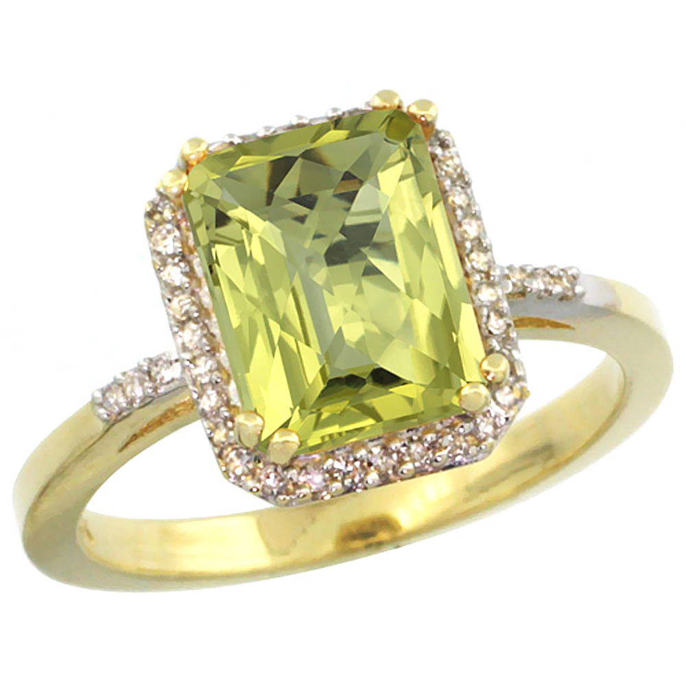 14K Yellow Gold Diamond Natural Lemon Quartz Ring Emerald-cut 9x7mm, sizes 5-10