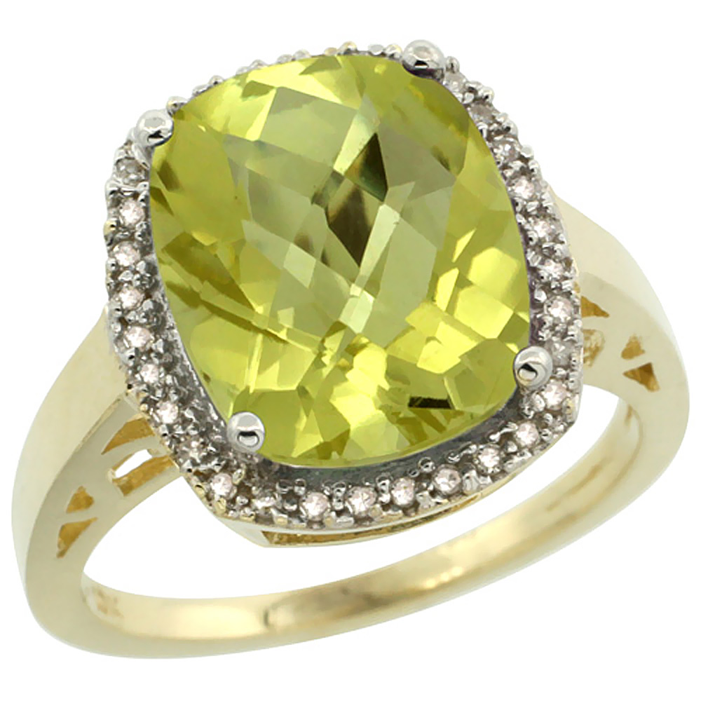 14K Yellow Gold Diamond Natural Lemon Quartz Ring Cushion-cut 12x10mm, size 5-10