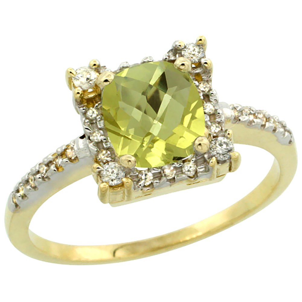 10k Yellow Gold Natural Lemon Quartz Ring Cushion-cut 6x6mm Diamond Halo, sizes 5-10