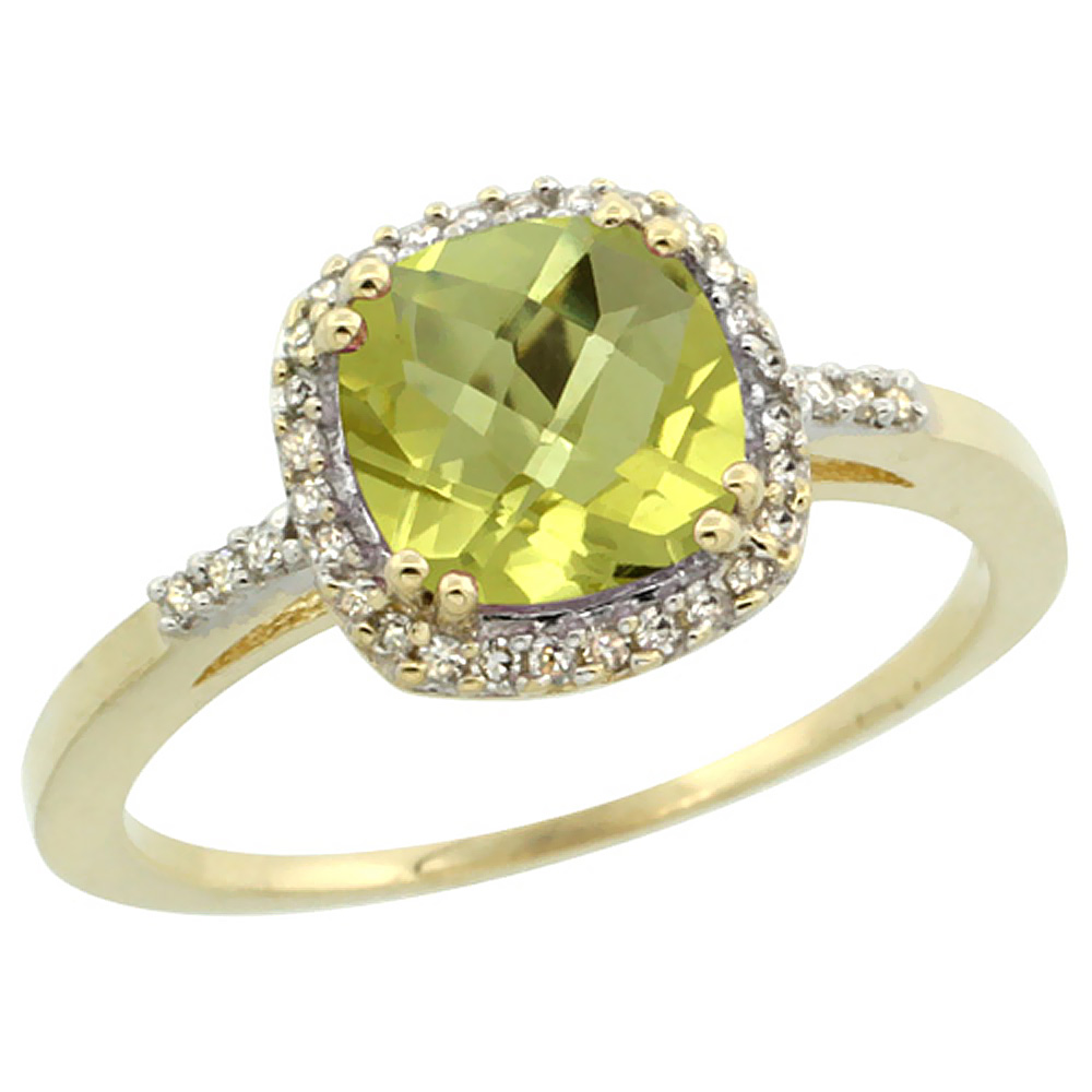 10K Yellow Gold Diamond Natural Lemon Quartz Ring Cushion-cut 7x7mm, sizes 5-10