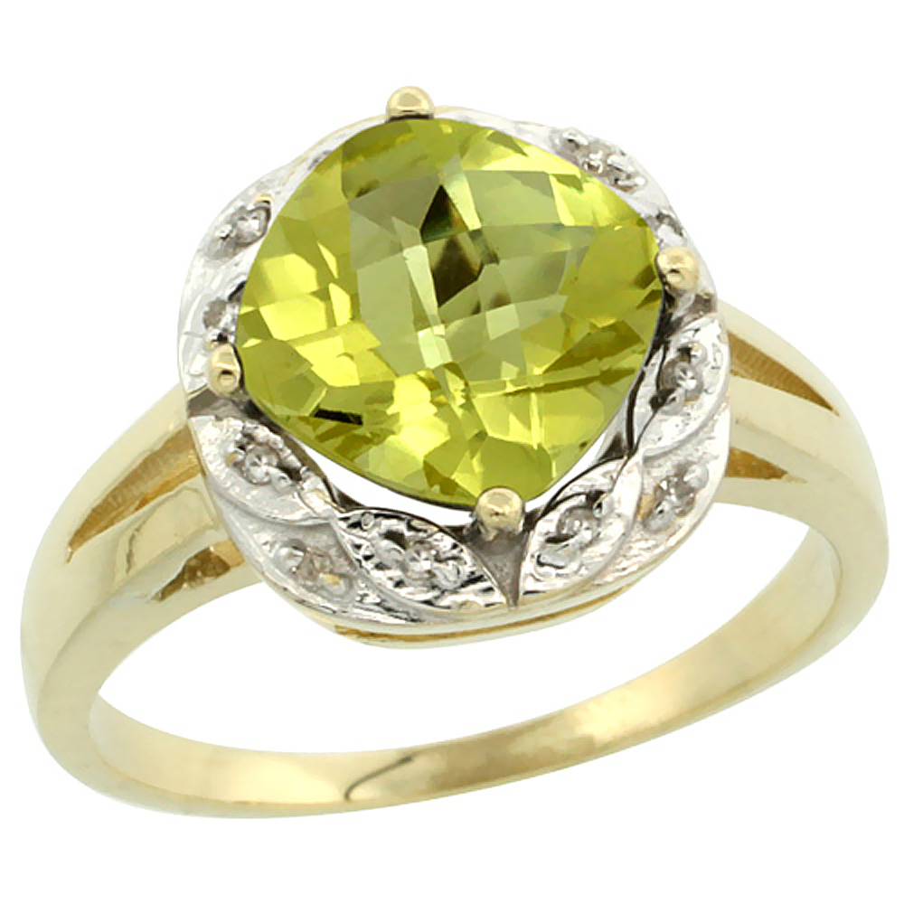 10k Yellow Gold Natural Lemon Quartz Ring Cushion-cut 8x8mm Diamond Halo, sizes 5-10