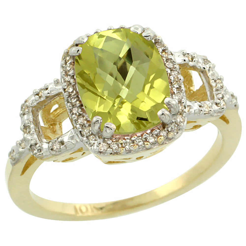 10K Yellow Gold Diamond Natural Lemon Quartz Ring Cushion-cut 9x7mm, sizes 5-10