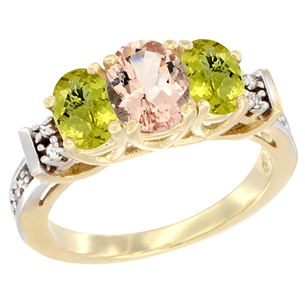10K Yellow Gold Natural Morganite & Lemon Quartz Ring 3-Stone Oval Diamond Accent