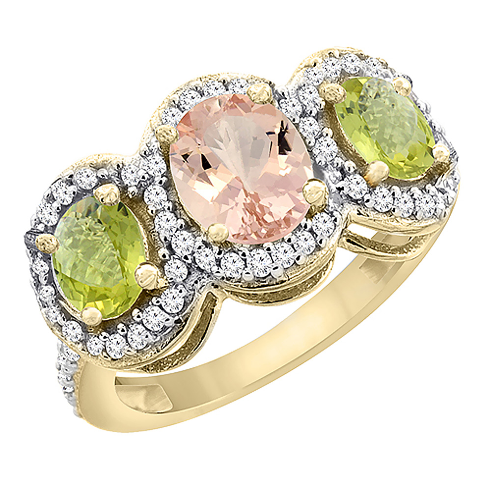 14K Yellow Gold Natural Morganite & Lemon Quartz 3-Stone Ring Oval Diamond Accent, sizes 5 - 10