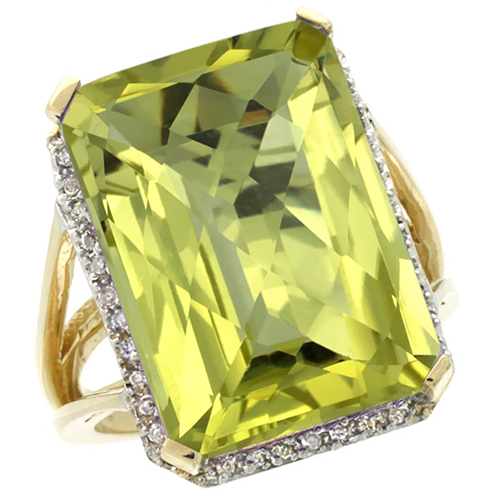 10K Yellow Gold Diamond Natural Lemon Quartz Ring Emerald-cut 18x13mm, sizes 5-10