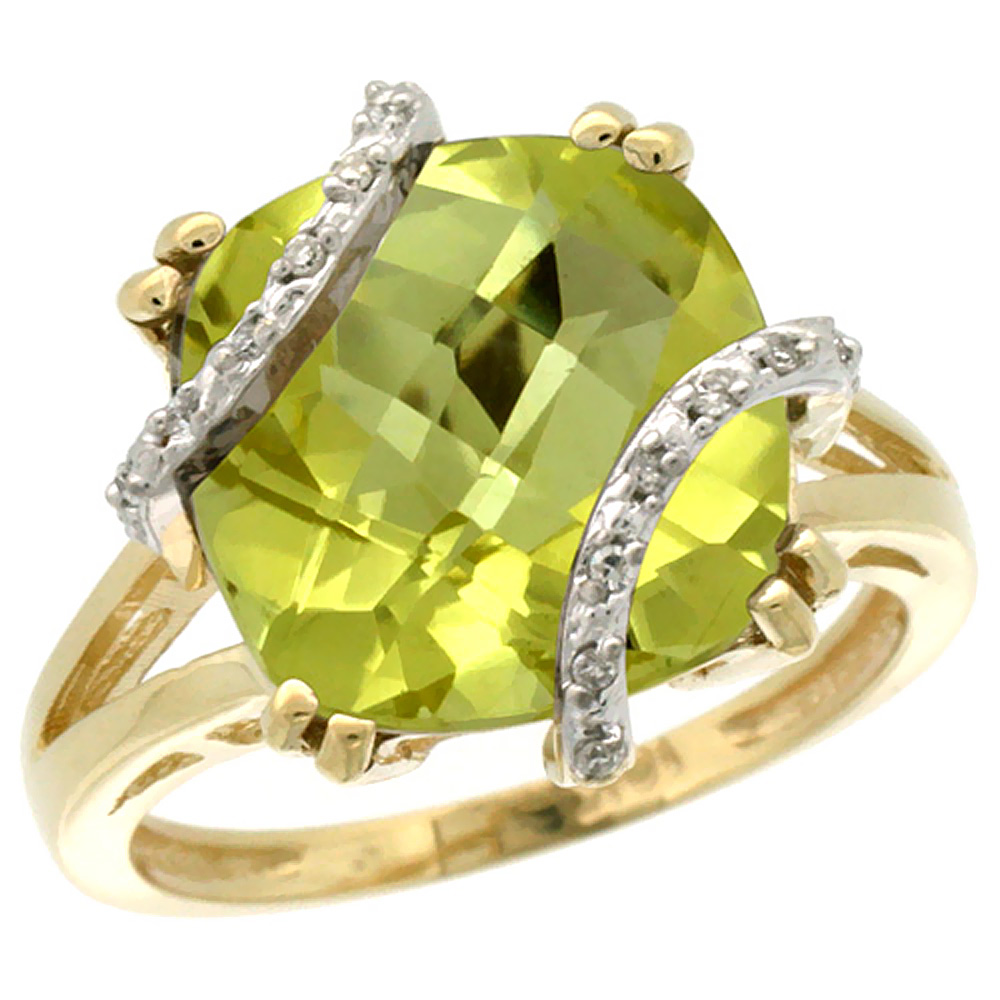 14K Yellow Gold Natural Lemon Quartz Ring Cushion-cut 12x12mm Diamond Accent, sizes 5-10