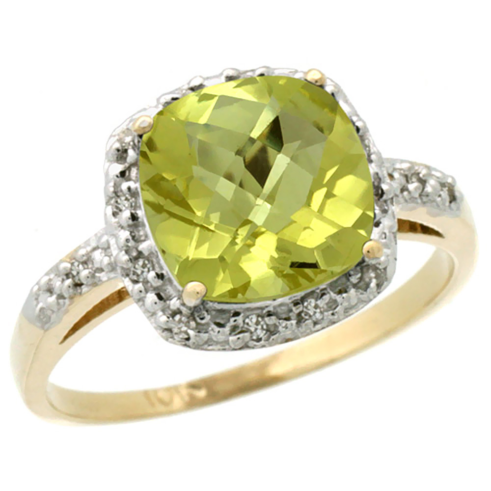 14K Yellow Gold Diamond Natural Lemon Quartz Ring Cushion-cut 8x8 mm, sizes 5-10