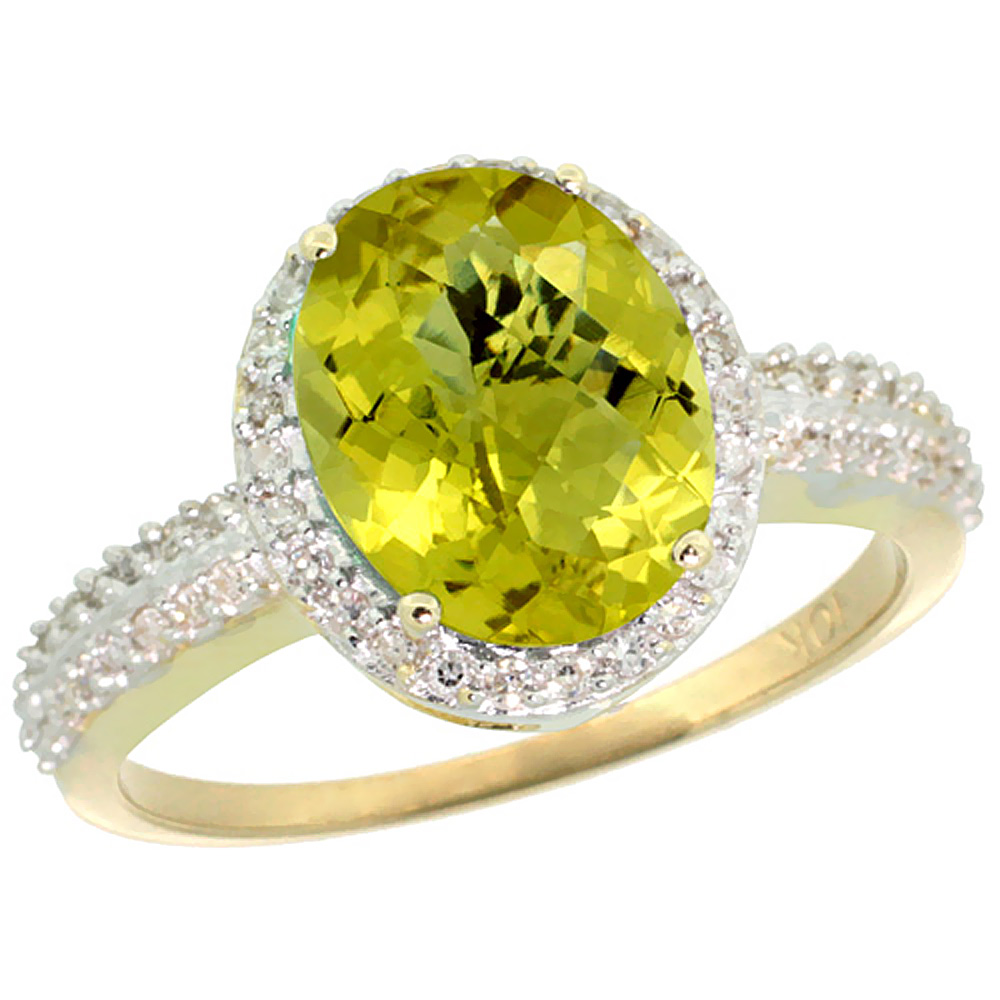 10K Yellow Gold Diamond Natural Lemon Quartz Engagement Ring Oval 10x8mm, sizes 5-10