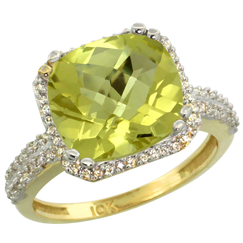 10k Yellow Gold Natural Lemon Quartz Ring Cushion-cut 11x11mm Diamond Halo, sizes 5-10