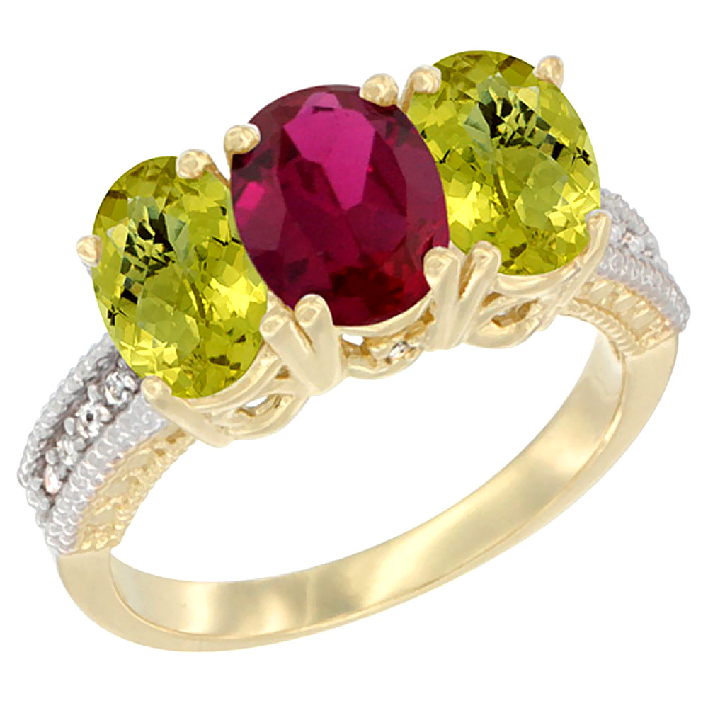 14K Yellow Gold Enhanced Ruby Ring with Natural Lemon Quartz 3-Stone 7x5 mm Oval Diamond Accent, sizes 5 - 10