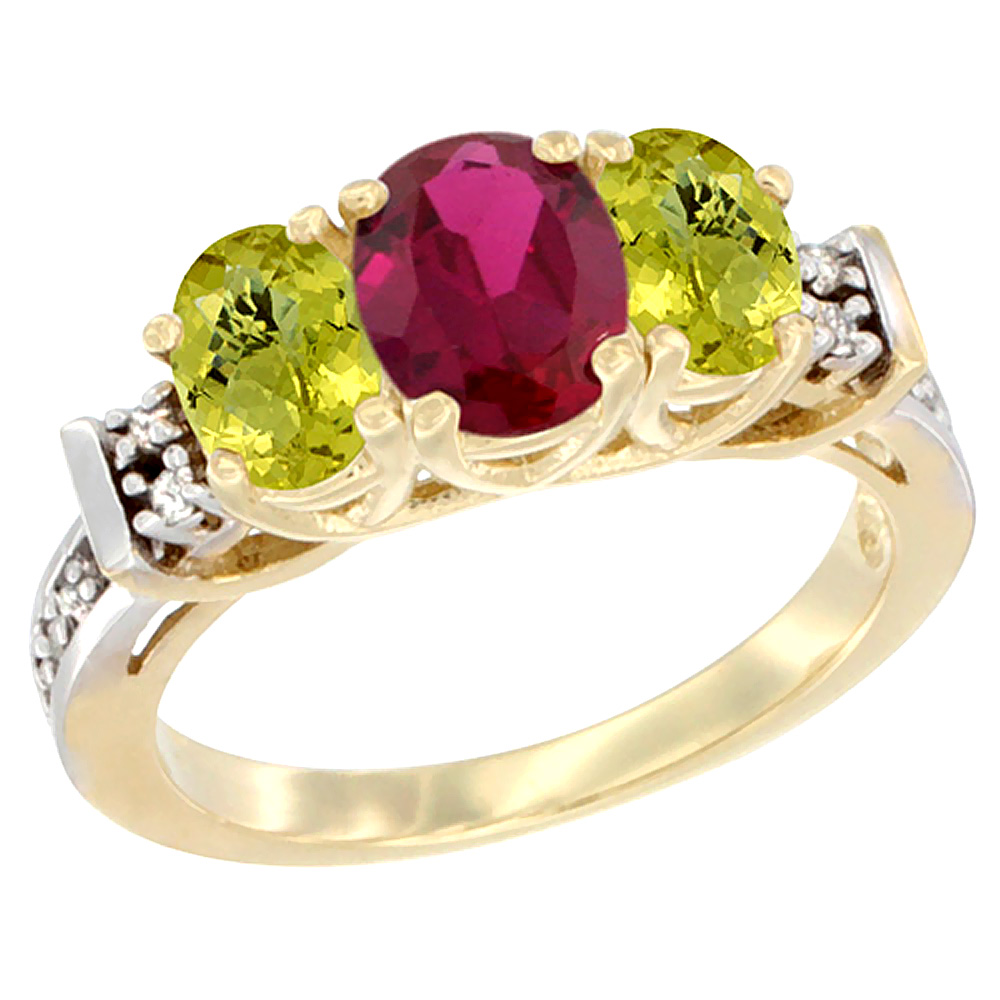 14K Yellow Gold Enhanced Ruby & Natural Lemon Quartz Ring 3-Stone Oval Diamond Accent