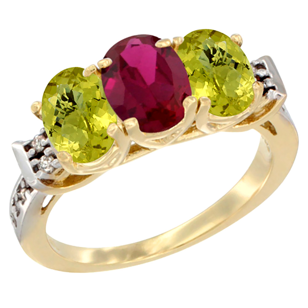 14K Yellow Gold Enhanced Ruby &amp; Natural Lemon Quartz Ring 3-Stone 7x5 mm Oval Diamond Accent, sizes 5 - 10