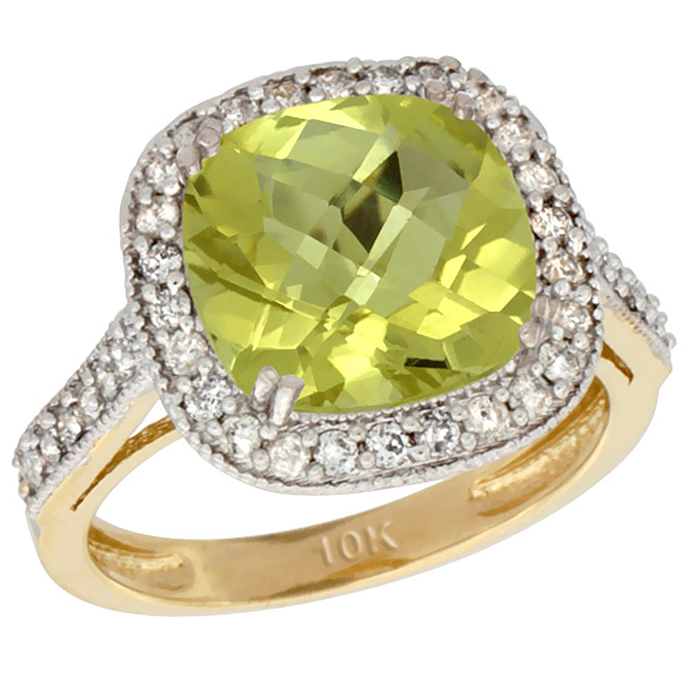 10k Yellow Gold Natural Lemon Quartz Ring Cushion-cut 9x9mm Diamond Halo, sizes 5-10