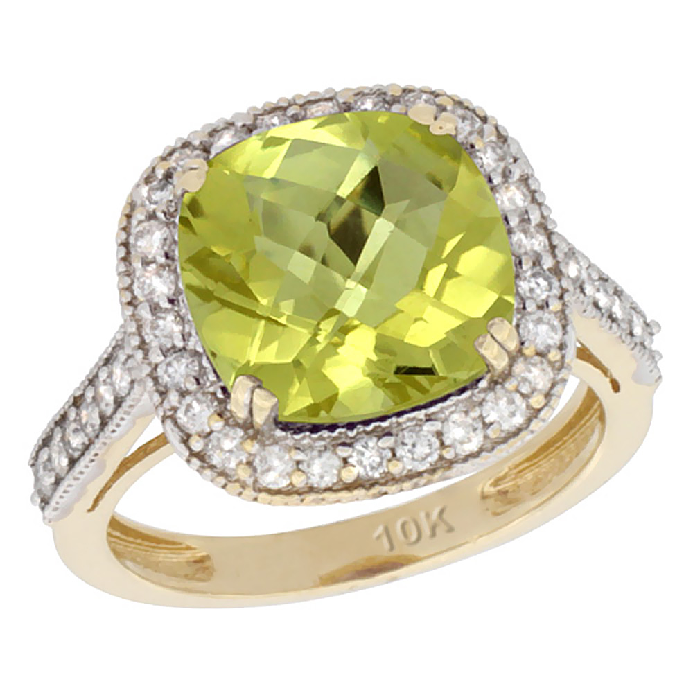 10k Yellow Gold Natural Lemon Quartz Ring Cushion-cut 10x10mm Diamond Halo, sizes 5-10