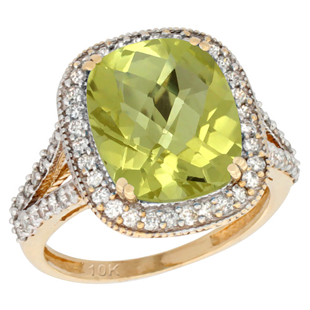 10k Yellow Gold Natural Lemon Quartz Ring Cushion-cut 12x10mm Diamond Halo, sizes 5-10