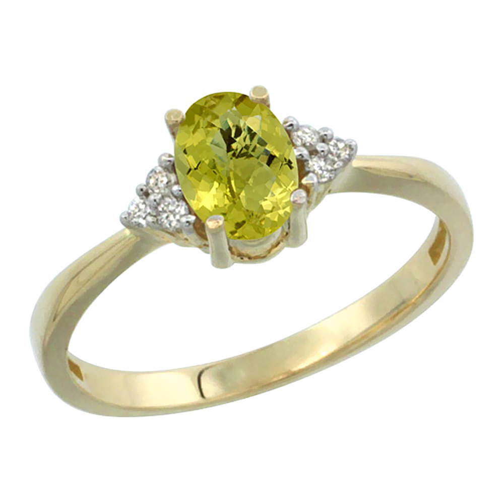 14K Yellow Gold Diamond Natural Lemon Quartz Engagement Ring Oval 7x5mm, sizes 5-10