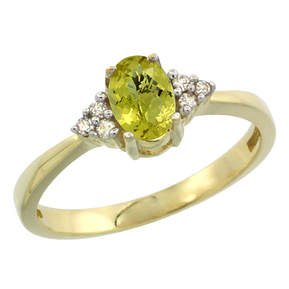 10K Yellow Gold Natural Lemon Quartz Ring Oval 6x4mm Diamond Accent, sizes 5-10