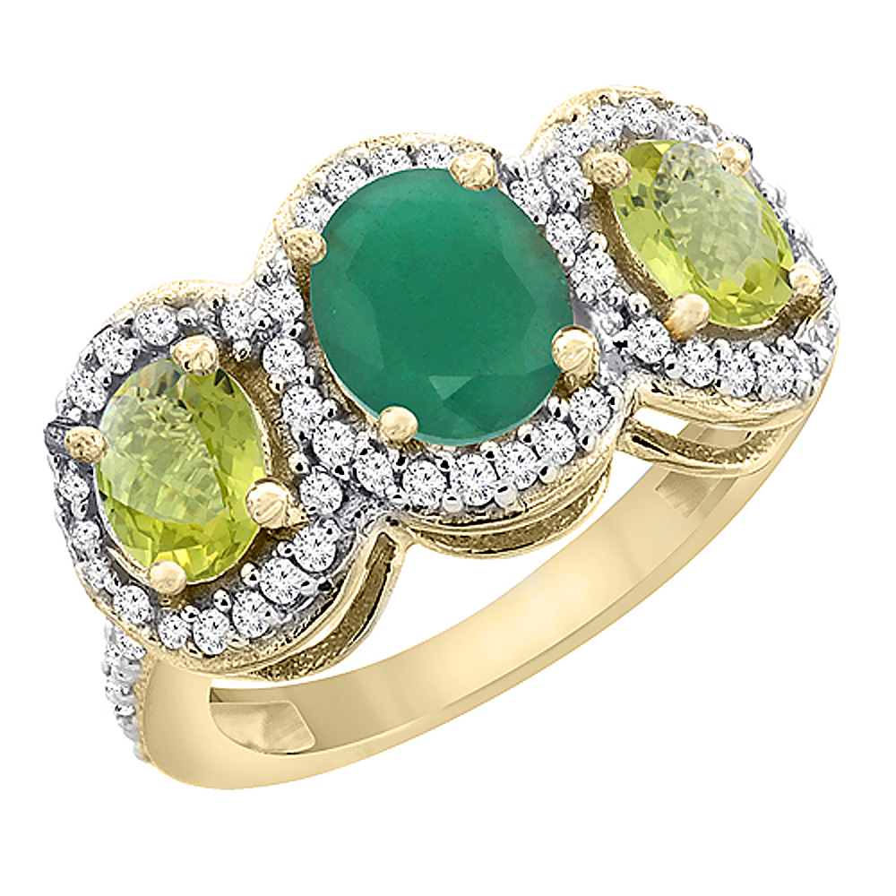 10K Yellow Gold Natural Quality Emerald & Lemon Quartz 3-stone Mothers Ring Oval Diamond Accent, sz5 - 10