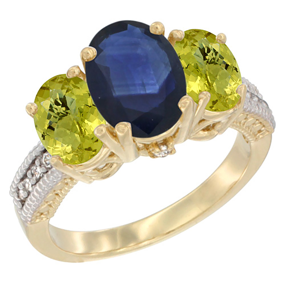 14K Yellow Gold Diamond Natural Quality Blue Sapphire 8x6mm &amp; 7x5mm Lemon Quartz Oval 3-stone Ring,sz5-10