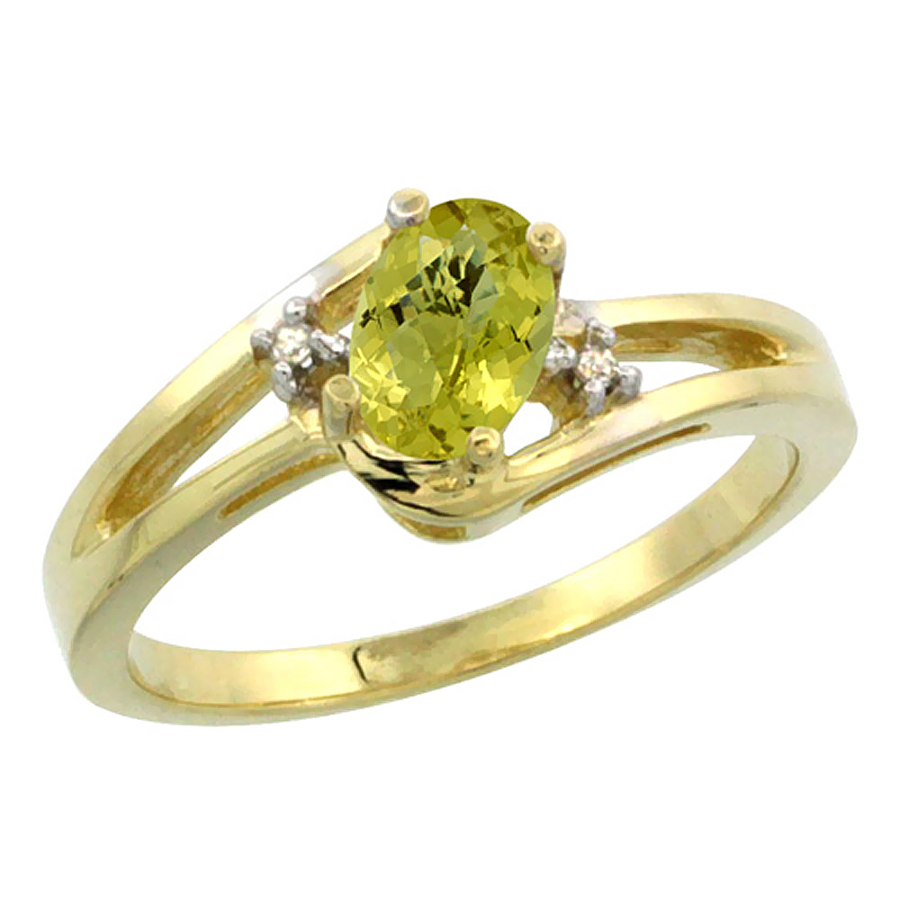 14K Yellow Gold Diamond Natural Lemon Quartz Ring Oval 6x4 mm, sizes 5-10