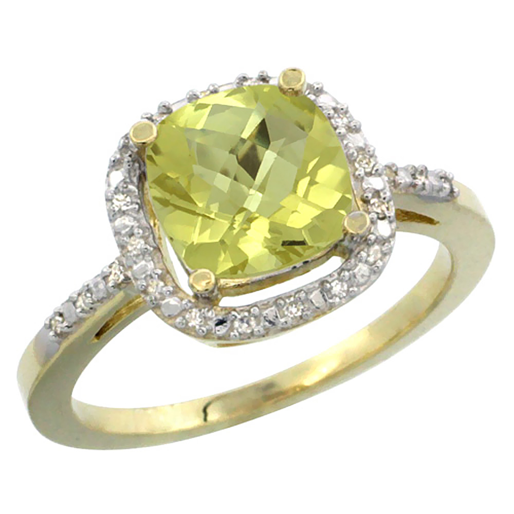 14K Yellow Gold Natural Lemon Quartz Ring Cushion-cut 8x8mm Diamond Accent, sizes 5-10