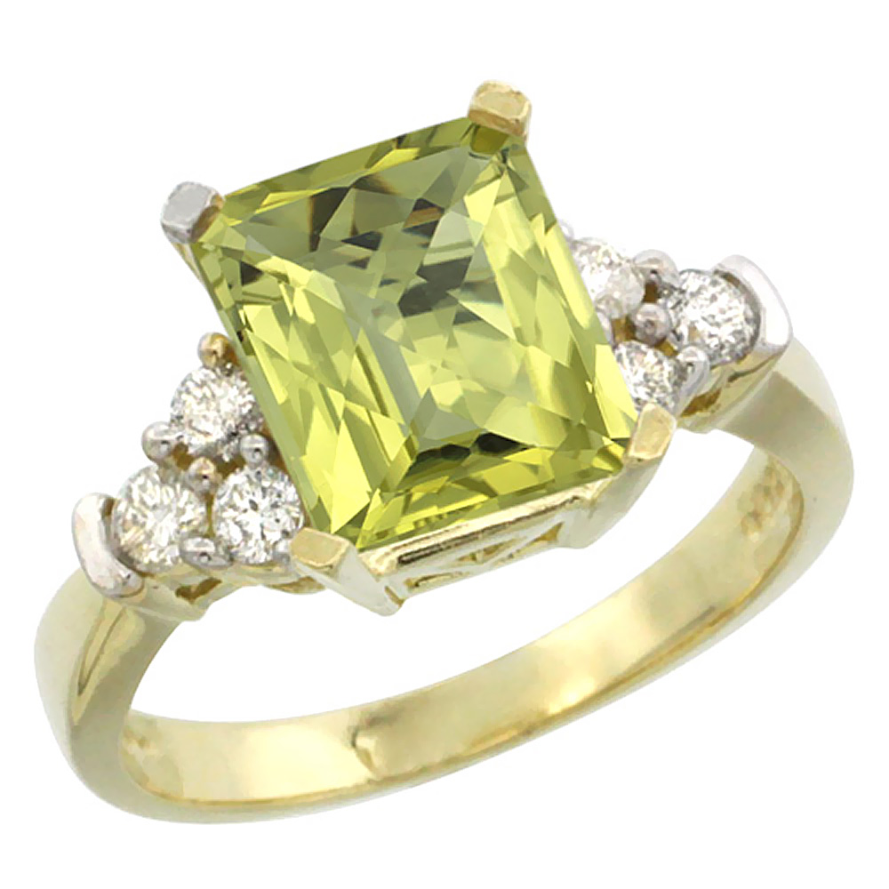 14K Yellow Gold Natural Lemon Quartz Ring Octagon 9x7mm Diamond Accent, sizes 5-10