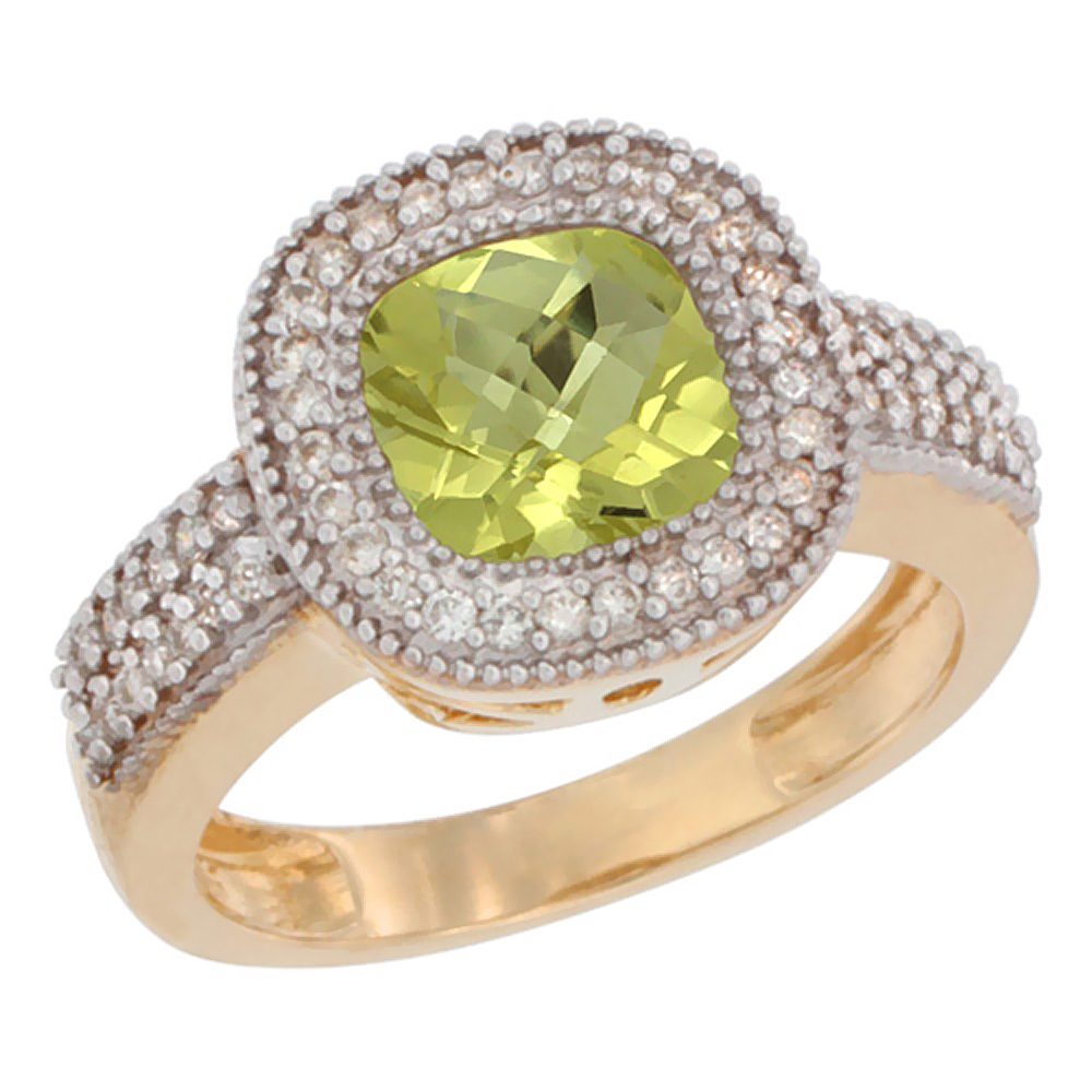 14K Yellow Gold Natural Lemon Quartz Ring Cushion-cut 7x7mm Diamond Accent, sizes 5-10