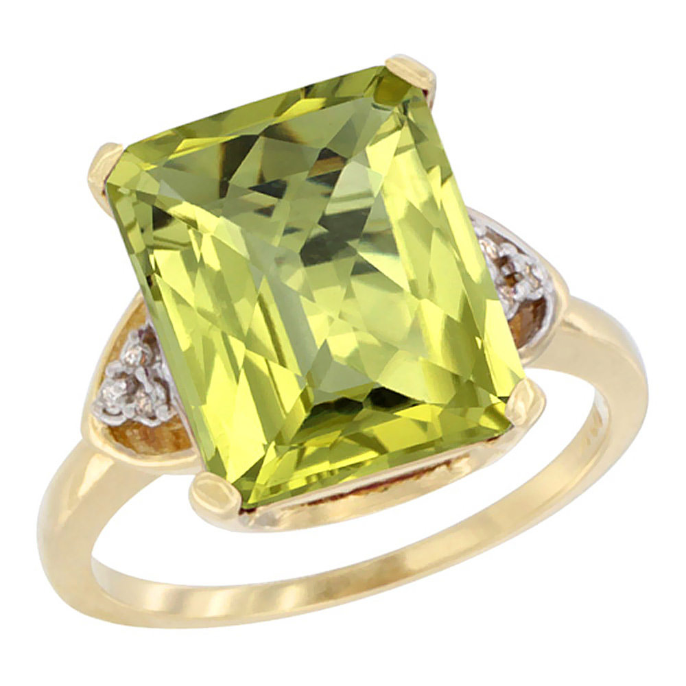 14K Yellow Gold Diamond Natural Lemon Quartz Ring Octagon 12x10 mm, sizes 5-10