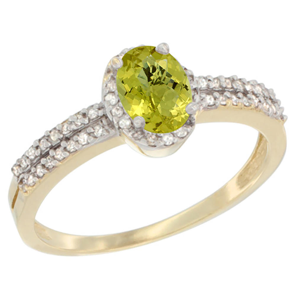 10K Yellow Gold Natural Lemon Quartz Ring Oval 6x4mm Diamond Accent, sizes 5-10