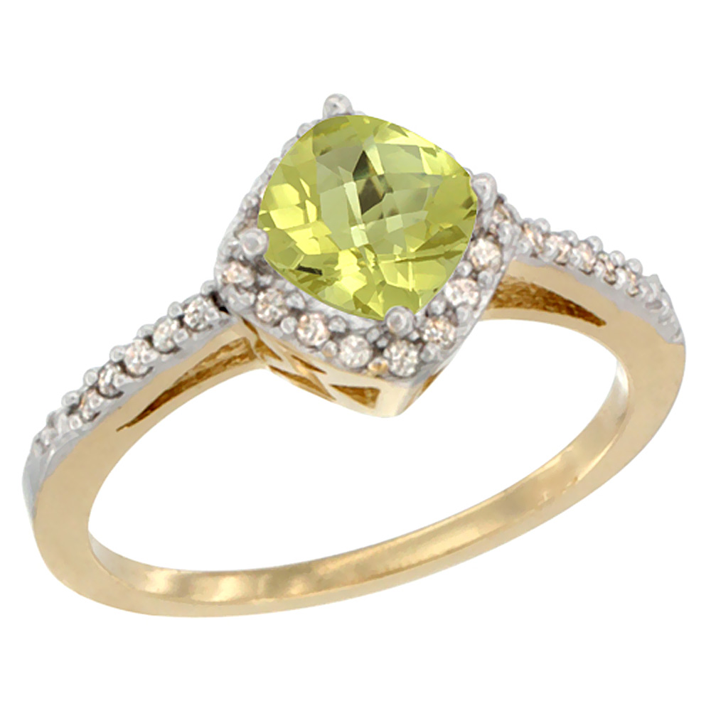 10K Yellow Gold Natural Lemon Quartz Ring Cushion-cut 6mm Halo Diamond Accent, sizes 5 - 10