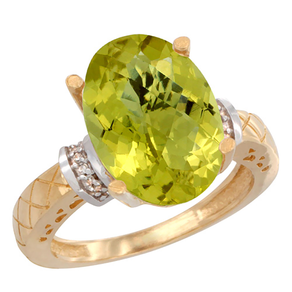 14K Yellow Gold Diamond Natural Lemon Quartz Ring Oval 14x10mm, sizes 5-10