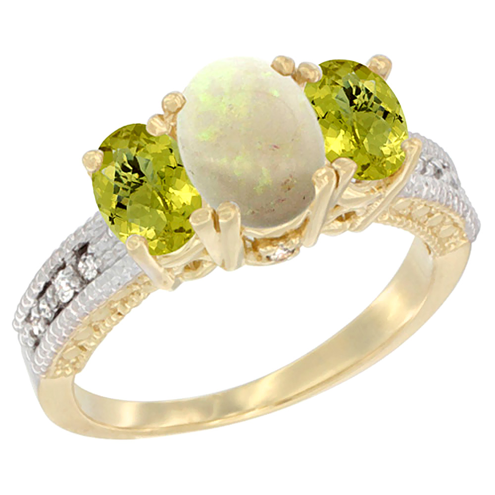 10K Yellow Gold Diamond Natural Opal Ring Oval 3-stone with Lemon Quartz, sizes 5 - 10