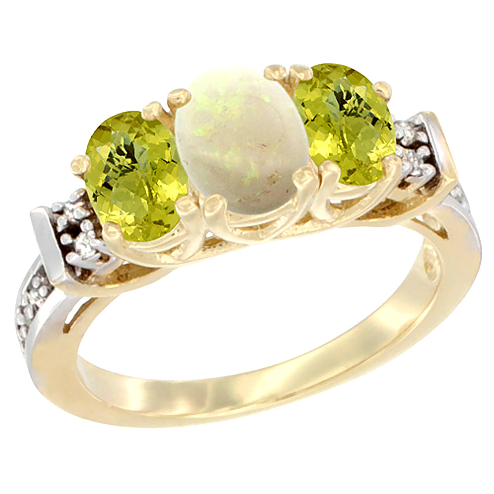 14K Yellow Gold Natural Opal & Lemon Quartz Ring 3-Stone Oval Diamond Accent