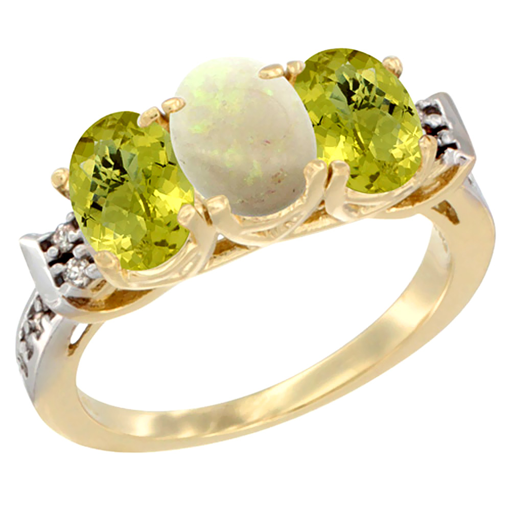 14K Yellow Gold Natural Opal & Lemon Quartz Ring 3-Stone 7x5 mm Oval Diamond Accent, sizes 5 - 10