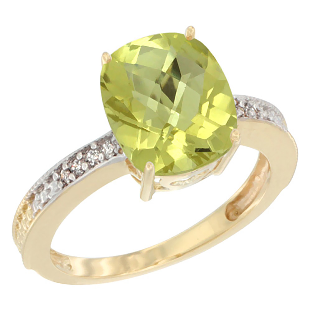 14K Yellow Gold Diamond Cushion 10x8 mm Natural Lemon Quartz Stone Ring, sizes 5 - 10