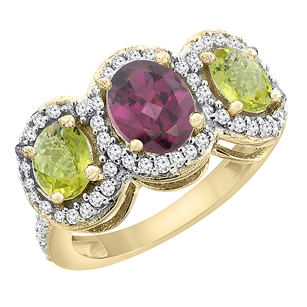 14K Yellow Gold Natural Rhodolite &amp; Lemon Quartz 3-Stone Ring Oval Diamond Accent, sizes 5 - 10