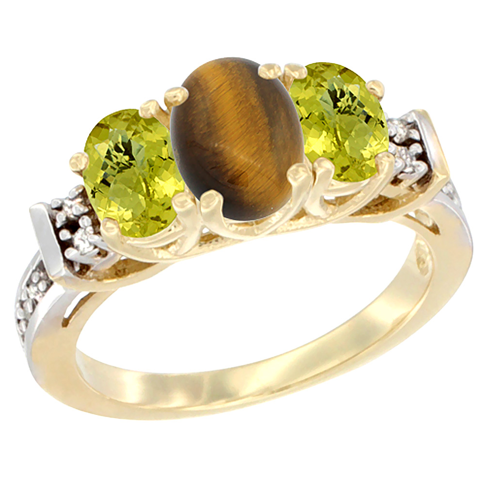 14K Yellow Gold Natural Tiger Eye & Lemon Quartz Ring 3-Stone Oval Diamond Accent