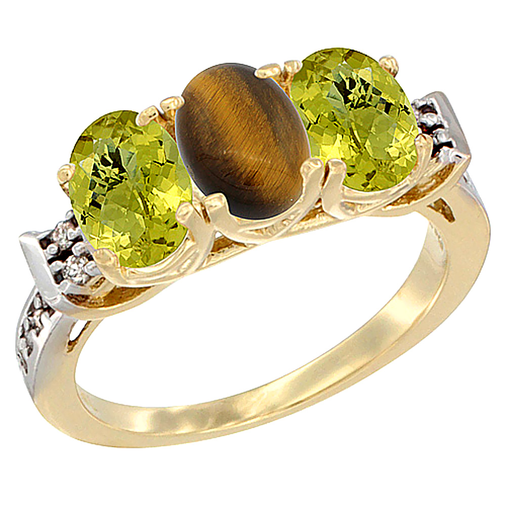 14K Yellow Gold Natural Tiger Eye & Lemon Quartz Ring 3-Stone 7x5 mm Oval Diamond Accent, sizes 5 - 10