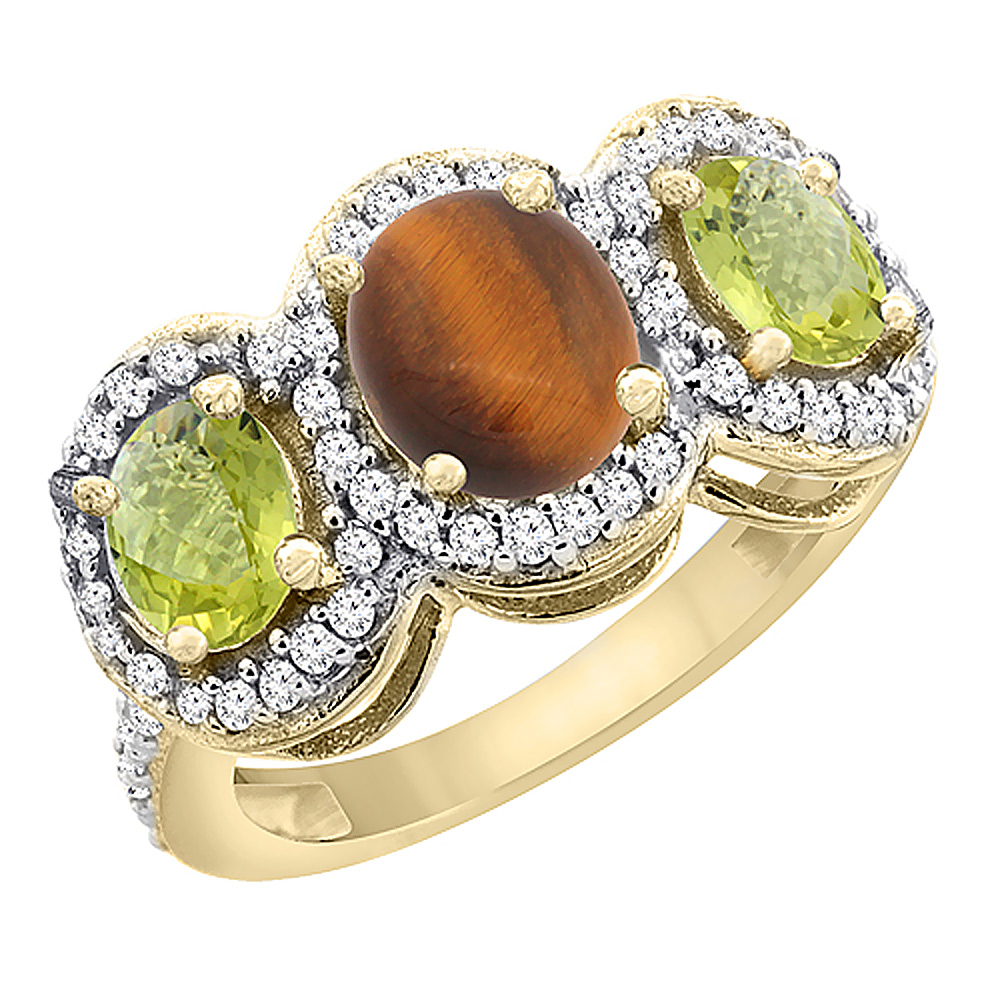 10K Yellow Gold Natural Tiger Eye & Lemon Quartz 3-Stone Ring Oval Diamond Accent, sizes 5 - 10