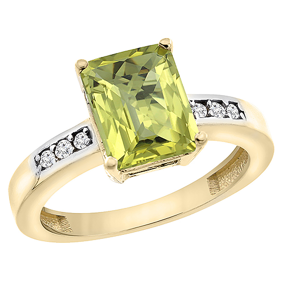 10K Yellow Gold Natural Lemon Quartz Octagon 9x7 mm with Diamond Accents, sizes 5 - 10